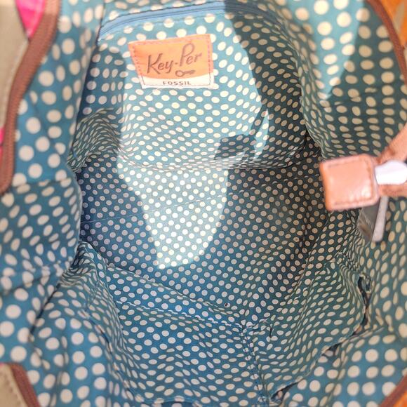 Vintage Fossil Key-Per Coated Canvas Fun Tan and Pink Print Medium Stachel Clean - Picture 11 of 13